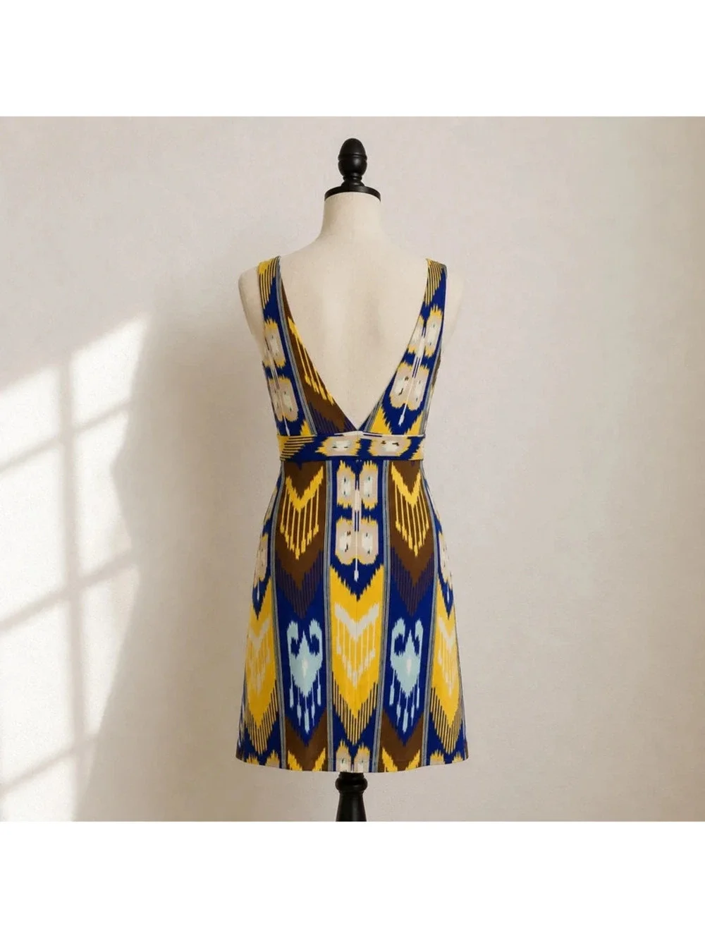 Tory Burch 100% Silk Ikat Print Plunge Mini Dress Blue Yellow XS Resort Summer